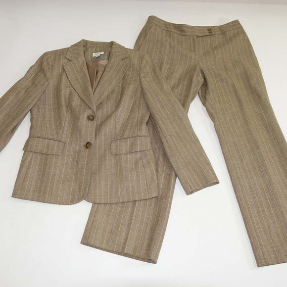 Ann Taylor Loft Women's Pant Suit Size 10 Petite Brown Wool Blend Herringbone - Picture 1 of 13